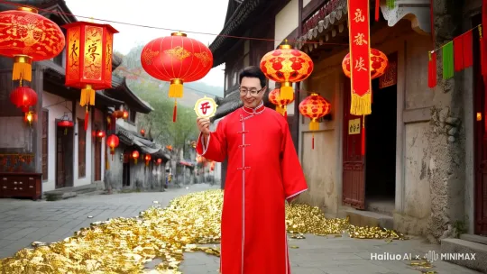 春节氛围浓厚的古街道,到处是灯笼,春联,喜气洋洋的范围,遍地金元宝的路面。主人公身穿红色汉服,手拿“福”字中国节,向镜头走来,镜头逐渐拉到上半身。背景音乐为“拜年了”。大字幕:灵蛇迎春到!祝君事业如日之升!步步高升!所愿皆所成!多喜乐!长安宁! by Hailuo AI Video Generator