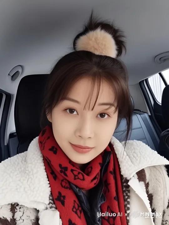 女人整理一下围巾，自嘲地笑一笑，然后转头看向车窗外。 by Hailuo AI Video Generator
