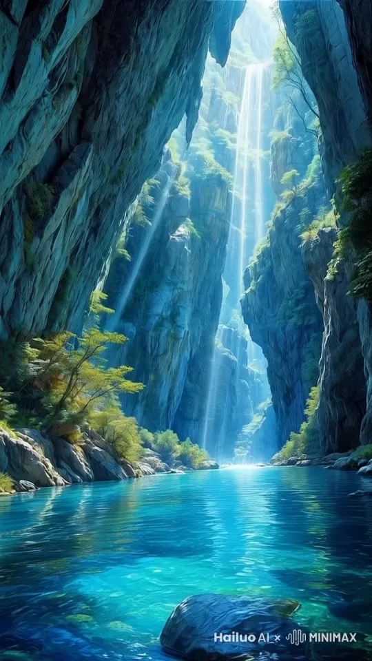 水面波动，远处瀑布流淌，镜头向前移动 by Hailuo AI Video Generator