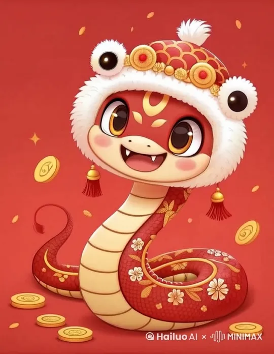 一段以可爱卡通风格的中国新年蛇形象为主题的视频。画面中心是一条红色的蛇，它有着大大的、富有表现力的眼睛，一张咧嘴微笑的小嘴，以及一顶蓬松的白色舞狮帽，帽子带有金色装饰和红色小流苏。蛇的身体盘绕着，并装饰着金色中国传统花纹，蛇的身体轻微扭动，头部的舞狮帽也随着摆动，尾巴左右摇摆。金币如雨般从空中洒落，在蛇的周围堆积，发出闪耀的光芒，金币的动态是自由下落，但不会遮挡住蛇的身体。背景为纯净、鲜艳的红色，没有人物。整体风格明亮、欢快，略带奇幻色彩。蛇的表情应该是友善和吸引人的。镜头视角可以稍微移动和缩放，以展示更丰富的细节 by Hailuo AI Video Generator