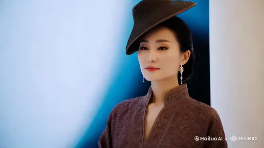 一位美丽优雅的中国女子，戴着一顶帽子和耳环，背景为白色，背景为蓝色和黑色。 by Hailuo AI Video Generator