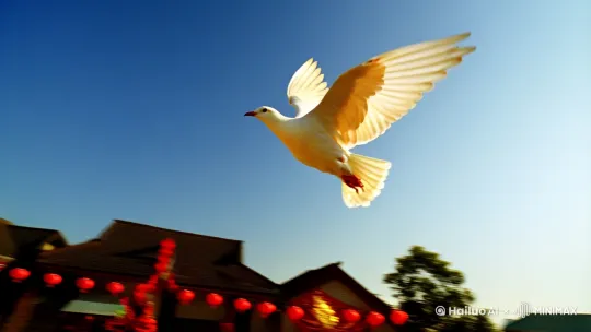 [左摇,上摇,跟随]场景：蓝色的天空 万里无云 晴空万里
主体：一只乳白的白鸽
运动 扇动着翅膀 飞行 
环境：飞行的过程中 看到底下一片祥红之气，家家户户张灯结彩，鞭炮齐鸣，烟花射到高空炸开
过程，一路飞过去的白鸽 伴随着环境 显得非常热闹 by Hailuo AI Video Generator