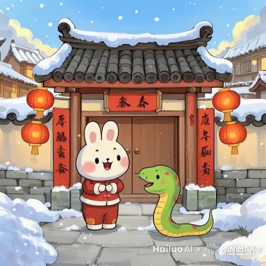 让图片动起来，小兔子和小蛇转向屏幕，小兔子脑袋上有个框写，新春快乐，小蛇上面有个框写，万事如意。 by Hailuo AI Video Generator