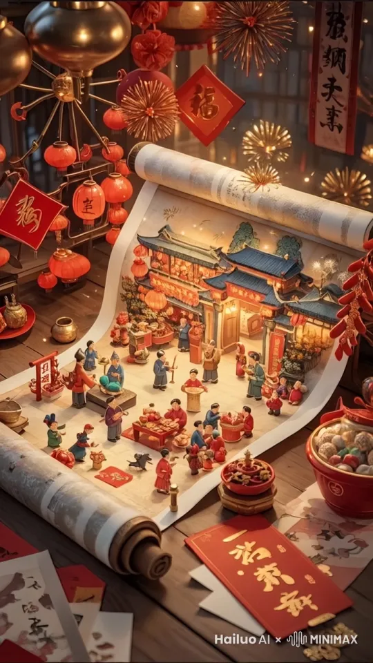 运镜画面正对画卷，新年欢乐气氛 by Hailuo AI Video Generator