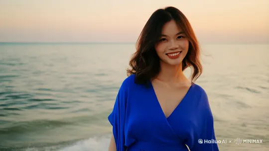 海边 蓝色旗袍 海风吹过 美女莞尔一笑 by Hailuo AI Video Generator
