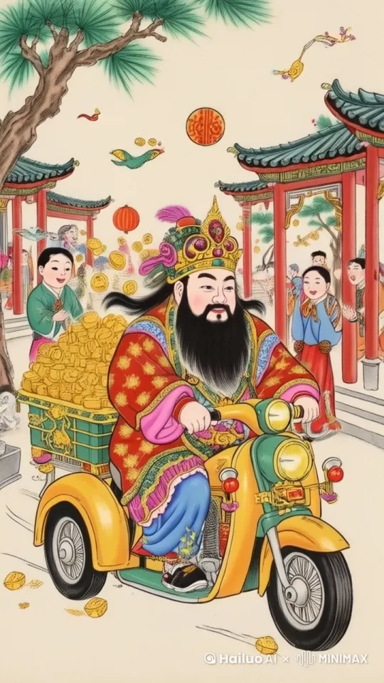 财神爷骑车送财，脸上笑容灿烂，车上金币掉落一地 by Hailuo AI Video Generator