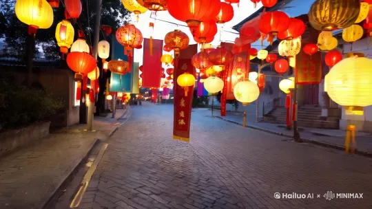 张灯结彩的春节大街上空无一人 by Hailuo AI Video Generator