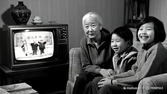 90年代，爷爷奶奶，我，哥哥一起看着黑白电视，电视里面播放的是赵本山的小品，十分温馨 by Hailuo AI Video Generator
