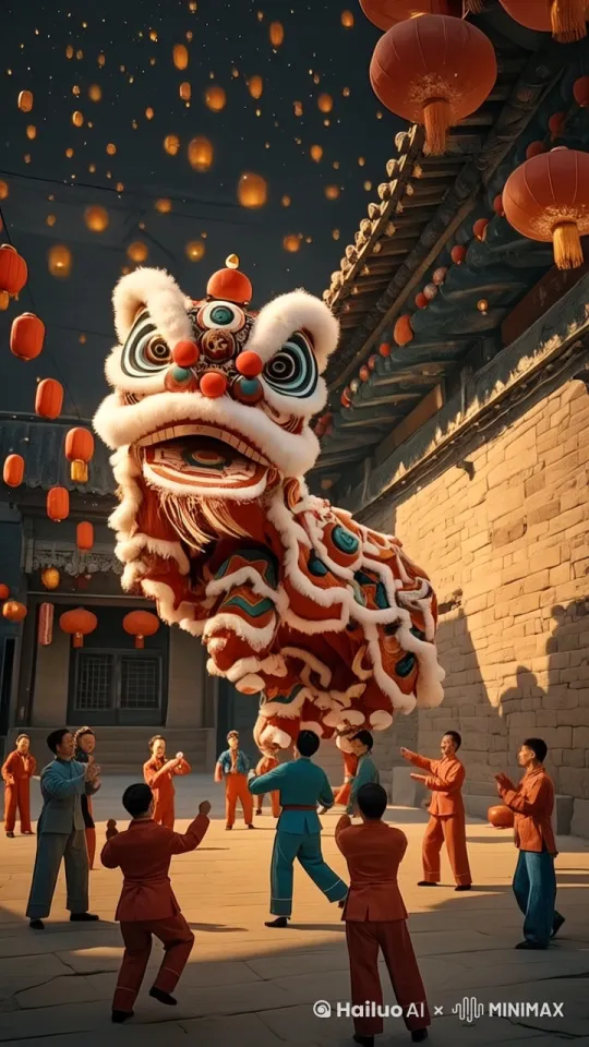 围绕主体运镜摄影，背景孔明灯漂浮。狮子和人们在舞动。 by Hailuo AI Video Generator