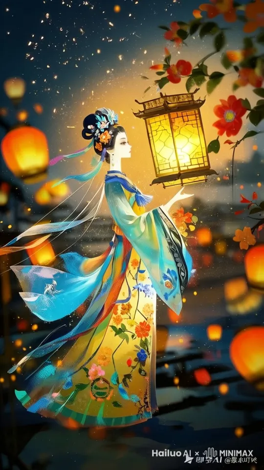 围绕主体运镜摄影，背景孔明灯漂浮。狮子和人们在舞动。 by Hailuo AI Video Generator