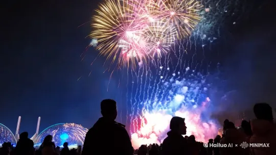 灯火辉煌的除夕夜，烟花升空与绽放瞬间，捕捉到人群仰望天空的剪影，镜头转向夜空。多彩绚丽的烟花在夜空中炸裂，烟花光芒洒满整个夜空。烟花在空中炸出金色的“2025”和一条在空中舞动的金蛇 by Hailuo AI Video Generator