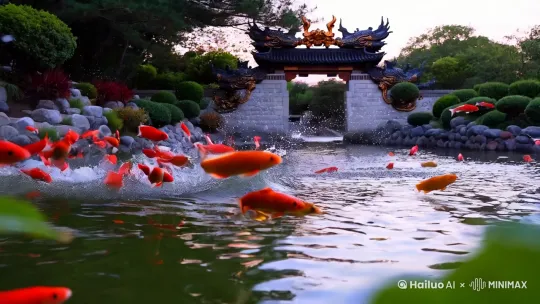 一池塘的红色鲤鱼跃龙门 by Hailuo AI Video Generator