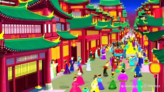恭贺新春！画面场景为唐朝建筑风格、喜庆、镜头从街道上摇至高处俯瞰。烟花、人群古装，画面偏卡通 by Hailuo AI Video Generator