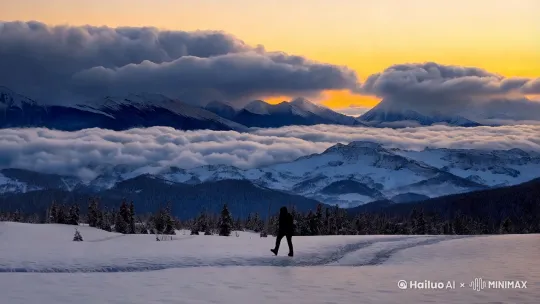 画一首诗中的场景，渺万里层云，千山暮雪，只影向谁去？ by Hailuo AI Video Generator
