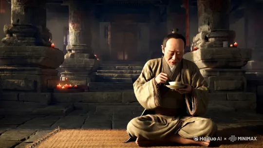 破庙、道士、寒冬、衣服破损、喝着茶，一两无奈一两愁，都是黄泉预约客，何必计较烦与忧 by Hailuo AI Video Generator