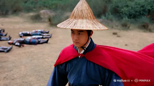 戴斗笠的侠客，慢慢走过来，地上躺着四五个武士的尸体。红色的斗篷随风飘扬。 by Hailuo AI Video Generator