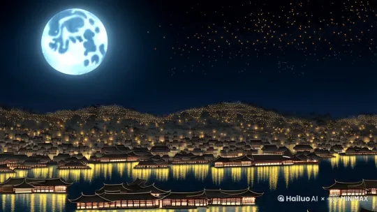 镜头缓缓从深邃夜空中的皎洁明月向下拉伸,逐渐展现出北宋时期繁华的汴京城全貌。城中万家灯火通明,犹如银河倾泻而下,与天际星辰遥相呼应,营造出一幅壮观的“星河流淌”景象。隐约可闻的爆竹声与悠扬箫鼓乐交织在一起,营造出节日的喜庆氛围,仿佛能让人穿越时空,亲身体验千年前的盛世景象。整个画面采用中国古典水墨画风格,以细腻笔触勾勒出古城的轮廓与光影变化,呈现出一种静谧而又生动的历史画卷。远景鸟瞰视角,展现出古城的宏伟与辉煌。 by Hailuo AI Video Generator