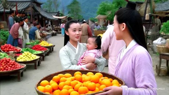 古代夏朝时期，有一年轻的妈妈怀抱着一女婴，与路边同样年纪的卖桔男子聊天
[左移,右摇,跟随] by Hailuo AI Video Generator