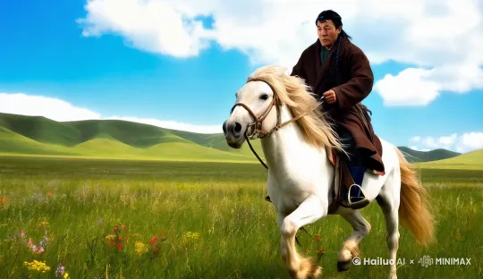 视频开场，画面定格在一位身着深棕色风衣的中年人身上，他稳稳地骑在一匹毛色纯净如雪的马上。中年人身体微微前倾，双手如同铁钳一般紧紧地握住缰绳，目光坚定地直视前方，脸上的线条刚毅如刀刻，风吹起他风衣的衣角，猎猎作响。那匹马四蹄有力地踏地，肌肉紧绷得好似即将离弦的弓弦，马头高高昂起，鼻孔张大喘着粗气，眼中透着兴奋和难以驯服的野性，仿佛迫不及待要驰骋千里。放眼望去，是一望无际的草原，绿草如茵，微风轻轻拂过，草尖轻轻摇曳，仿佛在低声诉说着草原的故事。草丛中点缀着五彩斑斓的野花，它们像是大地洒下的繁星，璀璨夺目。远处连绵起伏的山丘，线条柔和，仿佛是大地的呼吸，承载着草原的深沉与宁静。天空湛蓝如宝石，洁白的云朵像棉花糖一样飘浮着，悠然自得。随后，镜头切换，采用先定格再加速的运镜方式，突出马从静止到飞奔的瞬间爆发力，强烈的光影效果让整个画面的动态感十足，马蹄扬起的泥土和草屑在阳光中清晰可见，仿佛能感受到风在耳边呼啸，展现出马在草原上尽情飞奔的豪迈场景。 by Hailuo AI Video Generator