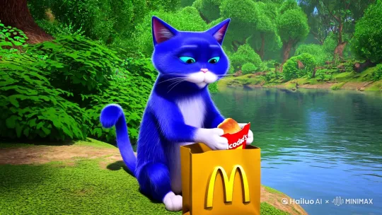 一只蓝色的猫在河边吃麦当劳，突然奶龙来袭击他。 by Hailuo AI Video Generator