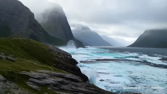 峡湾地貌，波涛汹涌 by Hailuo AI Video Generator