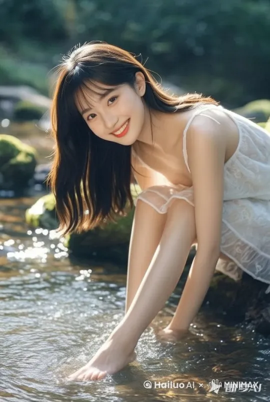 小溪里，嬉水水，脚踩在溪水里，阳光撒进来，超写实，8K,冷暖光照，完美的光照,超写实，脸部贴合自然，眼神自然喜悦，眼珠立体真实，眼神清澈，嘴唇红润，三点式泳衣
摄影，真人摄影，纯欲，全身照，头肩比例合适， by Hailuo AI Video Generator