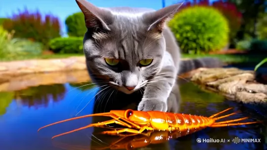 一只猫吃小龙虾 by Hailuo AI Video Generator