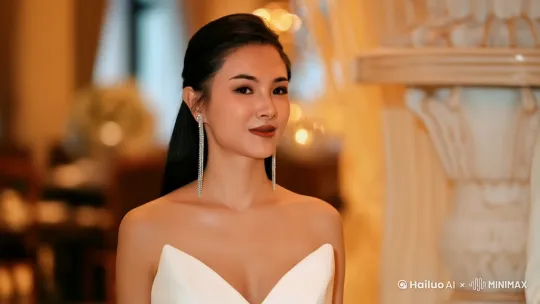 近景镜头，高级餐厅优雅风，美女穿着白色的晚礼服，微笑，自然，优雅的向前走来，镜头焦点缓缓从美女视线切换到旁边的人 by Hailuo AI Video Generator