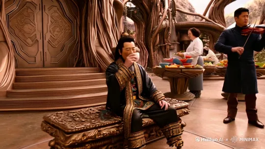 有四个人，一个中国人，一个美国人，一个南非人，一个阿拉伯人，四个人在未来古铜色的世界里，中国人是神，坐在板凳上喝茶水，美国人是敌人，站在身边，拉着小提琴，南非白人是女人，给准备点心。阿拉伯人是管家，旁边有一条狗，看家护院 by Hailuo AI Video Generator