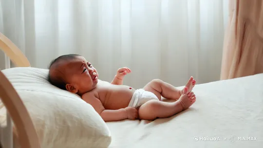 一个中国的小宝宝躺在床上哭。妈妈过来抱起小宝宝。给他换尿布。 by Hailuo AI Video Generator