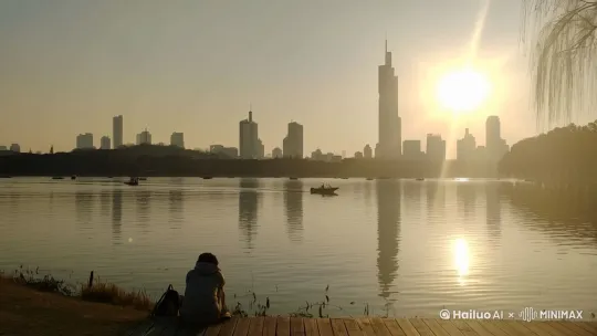 在远处城市上空添加一艘宇宙飞船，飞船设计流线型、金属质感，带有发蓝光的发动机，优雅地穿越天空。请加入飞船在水面的到影和涟漪。 by Hailuo AI Video Generator