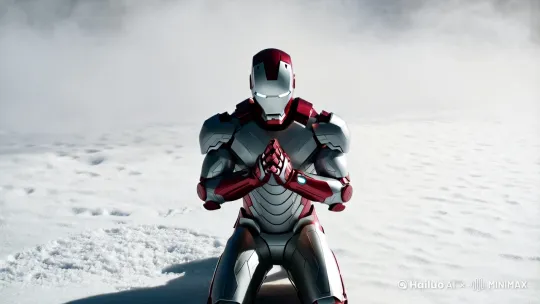 iron-man headed human body that is praying in front of snow, in the style of dreamlike visuals, rap aesthetics, spiritualcore, spiritual figures, smokey background, animated gifs, realistic animal portraits by Hailuo AI Video Generator