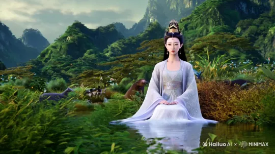 女神女娲与山川草木诉说心中的烦躁，山川草木根本不懂她的话；对虫鱼鸟兽倾吐心事，虫鱼鸟兽哪能了解她的苦恼。她颓然坐在一个池塘旁边，茫然对池塘中自己的影子。忽然一片树叶飘落池中，静止的池水泛起了小小的涟漪，使她的影子也微微晃动起来。她突然觉得心头的死结解开了，是呀！为什么她会有那种说不出的孤寂感？原来是世界是缺少一种像她一样的生物。[右移,左摇,跟随] by Hailuo AI Video Generator