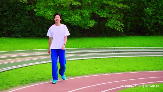 一个中国学生穿着白色T恤，蓝色长裤，在环形操场上走着，他走着走着开始小跑环绕一圈，特写是慢慢的变微笑。 by Hailuo AI Video Generator