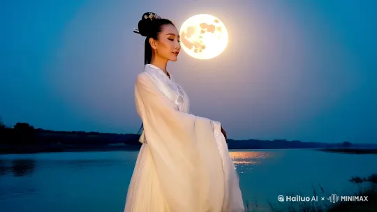一位身着白色汉服的美女站在小河边，月光洒在她身上，她随着微风翩翩起舞，汉服的衣袖随风飘动，展现出优雅的姿态和古典的美感，背景是宁静的小河和明亮的月亮，营造出梦幻般的氛围。 by Hailuo AI Video Generator