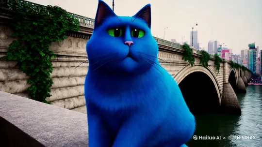 一只蓝色的胖猫抓的桥然后被麦当劳砸下去了。 by Hailuo AI Video Generator