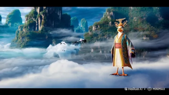 Bifang, the one-legged mythical bird, not only can transform into a human form but also possesses extraordinary strength and wisdom, In a mysterious oriental fairyland with clouds and mist swirling around, the Bifang, now in human form, is dressed in gorgeous attire and exudes nobility, With a graceful gesture, it waves its arm as if casting a spell, The surroundings are ethereal mountains and flowing seas of clouds, with cranes flying among the clouds, Painted in an oriental mythological style with dreamy colors, smooth lines, and a sense of mystery,[右移,左摇,跟随] by Hailuo AI Video Generator
