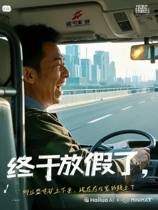 景别：全景
画面：高速公路上，A驾驶的汽车疾驰，车窗外风景飞速掠过，远处能看到西安的城市轮廓。
台词：A：“终于放假了，这一年在矿上可算忙完了，马上就能到家啦！”
音乐/音效：汽车行驶的声音，欢快的背景音乐起
拍摄地点：高速公路上
 by Hailuo AI Video Generator