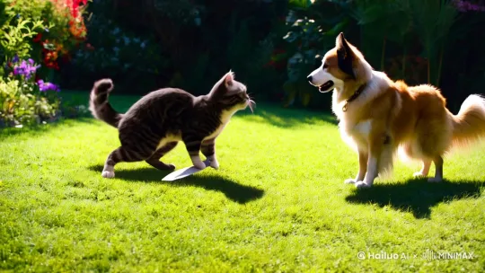 在花园里一只猫和一只狗面对着面准备打架，猫使出佛山无影脚，狗用降龙十八掌接上，地面冒灰尘，花草被逛风吹摆 by Hailuo AI Video Generator