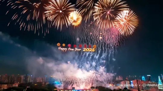 超级宏大的烟火表演，七彩斑斓的颜色洒满天空，烟火落下时，天空映射出“2025年春节快乐”，场面超级震撼，写实，8K高清，45度仰视，视野慢慢推进，电影质感。 by Hailuo AI Video Generator