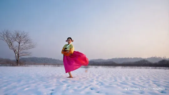 一个韩国的女星在雪地里边跳劲舞，达达五分钟左右 by Hailuo AI Video Generator
