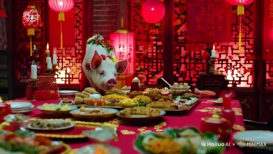过年一只猪跳上桌子吃饭 by Hailuo AI Video Generator