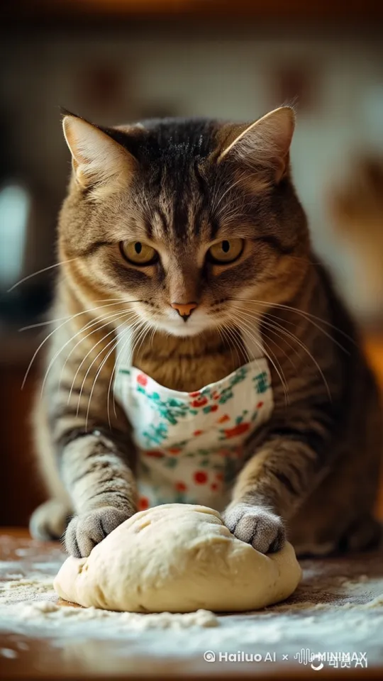 猫咪开心的用力揉着面团 by Hailuo AI Video Generator