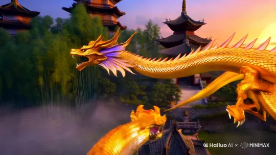 神龙腾飞后变成一条金蛇给大家拜年 by Hailuo AI Video Generator