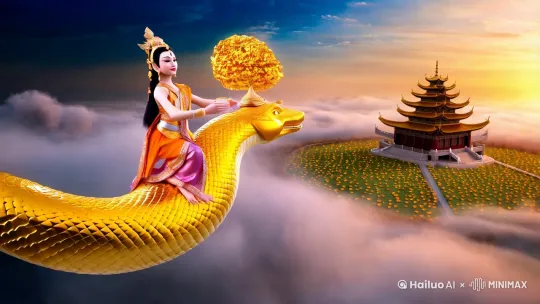 金光闪闪的女财神骑着边腾云驾雾边撒金元宝的巨大金蛇，在金莲遍开的天宫迎面飞来，嘴里说到：“财神到，祝新春快乐，财源滚滚。” by Hailuo AI Video Generator