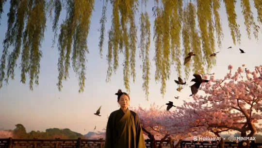 东风拂面柳丝长，  
燕子归来绕画梁。  
桃红李白斗新妆，  
春归何处问斜阳。 by Hailuo AI Video Generator