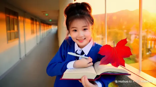 中国高一女生林晓薇总能让人的目光不由自主地停留。她扎着蓬松的丸子头，几缕碎发轻扫在白皙的颈问，蓝白相间的校服衬得她像枝头初绽的玉兰。那双杏眼像是浸过山涧清泉，睫毛眨动时仿佛能扑簌簌落下星光。笑起来眼尾会弯成小月牙，唇边的小梨涡盛着十六岁特有的清甜。课间总能看到她趴在走廊栏杆上背书，阳光为她镀上毛茸茸的金边。翻动的书页间偶尔会夹着片火红的枫叶书签一﹣那是上周秋游时她蹲在枫林里挑了半小时的"完美标本"。最动人的是她托腮思考数学题的模样，圆珠笔在指尖转出灵动的弧线，忽然灵光乍现时眼睛倏然亮起的神来，比窗外的晚霞还要明艳三分 by Hailuo AI Video Generator