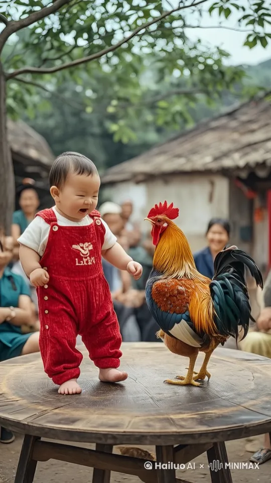 小孩和大公鸡拳脚相加，打的难舍难分，有时还飞起来对打 by Hailuo AI Video Generator
