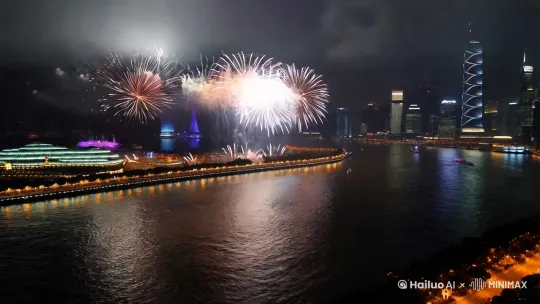 在黄浦江边放烟花，远景镜头 by Hailuo AI Video Generator