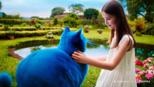 一只蓝色的胖猫和一位女孩谈恋爱 by Hailuo AI Video Generator